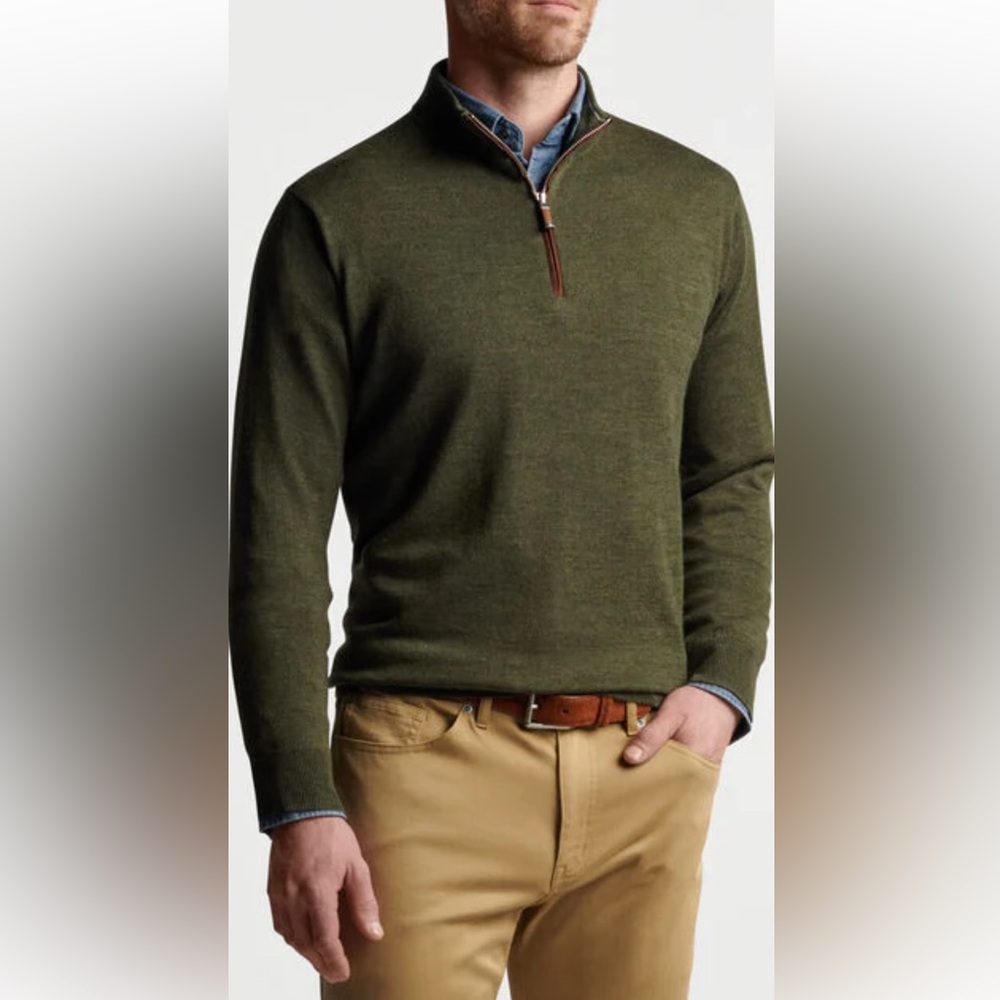 PETER MILLAR AUTUMN CREST SUEDE TRIM QUARTER ZIP IN OLIVE GREEN size XL